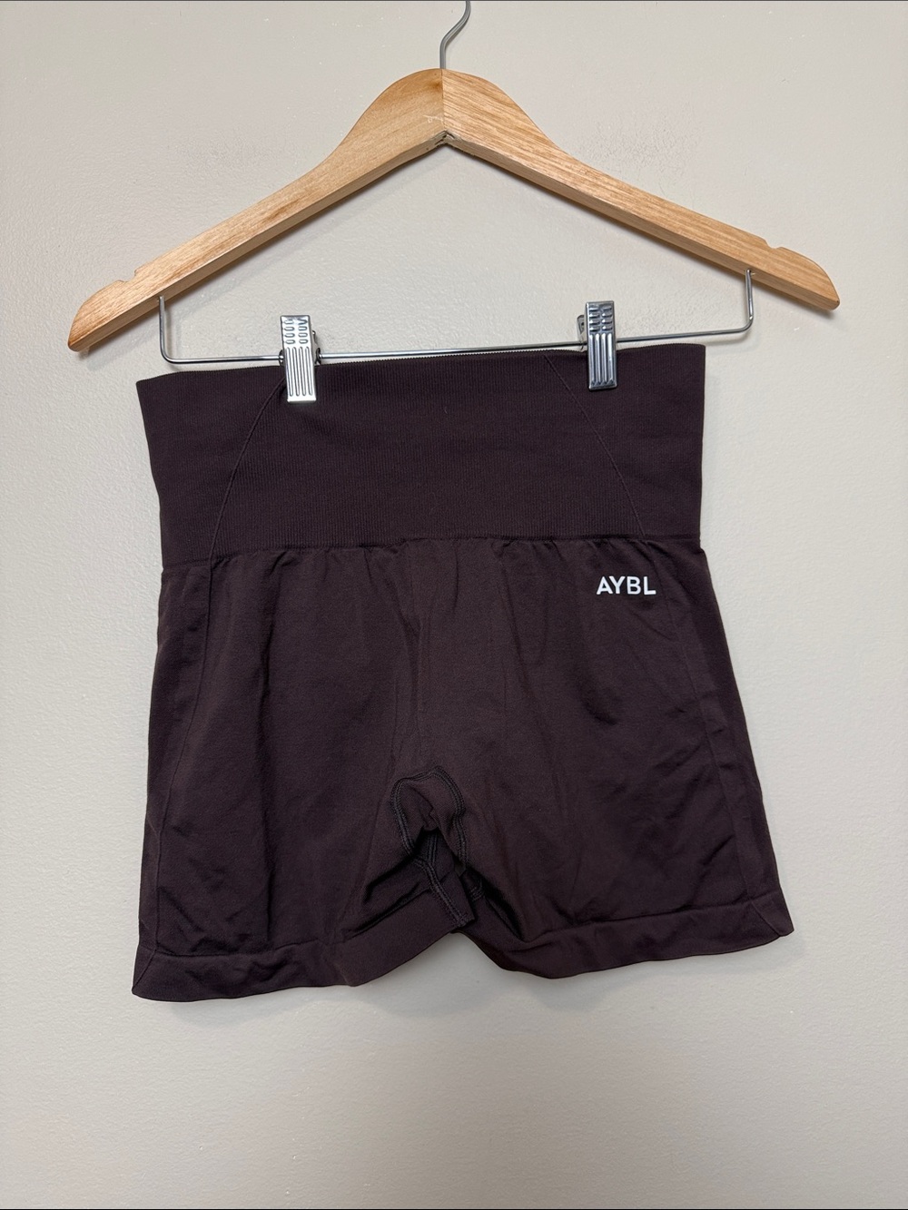 AYBL High-Waist Ruched Bike Shorts — Dark Brown size M
